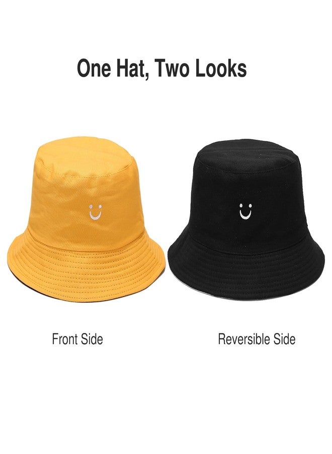 Umeepar Reversible Embroidered Smile Face Bucket Hat 2 in 1 Packable Foldable Beach Sun Hat for Women Men (US, Alpha, Medium, Yellow/Black) - Image 3
